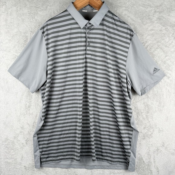 Adidas Polo Shirt Mens XXL Grey Golf Stripe Performance Preppy Casual Outdoors‎ - Picture 1 of 10